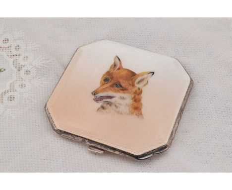 A square silver, enamelled and painted compact depicting a fox, A square silver, enamelled and painted compact depicting a fo