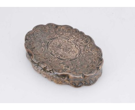 A Victorian silver snuff box by WD, the shaped and engraved oval case, 6.5cm wide, with initials J.W to lid, gilt interior, B