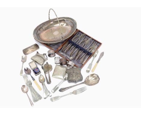 A collection of Victorian and 20th century silver and silver plated items, including a small heart shaped pin cushion, a vest