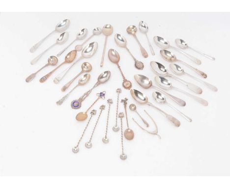 A collection of teaspoons and coffee spoons and souvenirs spoons, most silver several silver and enamel tourist spoons and mo