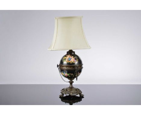 A Victorian and later converted oil lamp, with nicely painted scenes of cherubs and flowers to the body, with later fittings 