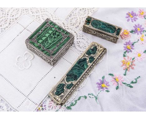 A continental silver malachite inlaid lipstick and rouge, A continental silver malachite inlaid lipstick and rouge, of square