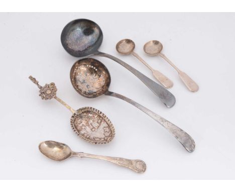 Six Georgian and later silver spoons, including a sifter spoon, a ladle, a pair of mustard spoons, an egg spoon from Hamilton