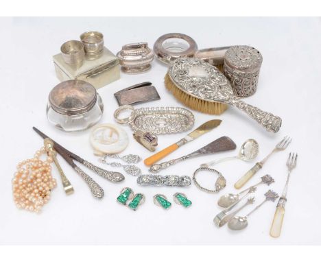 A collection of silver and silver plate and other items, including silver mounted dressing table items, a silver card case, a