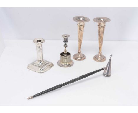A pair of silver filled trumpet vases, together with a candle snuffer, a silver filled candlestick, and an Elkington & Co mat