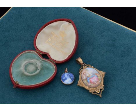 An enamel and gold diamond jubilee Victoria pendant, 2.2cm x 1.6cm, together with a gilt metal and enamel continental oval sh