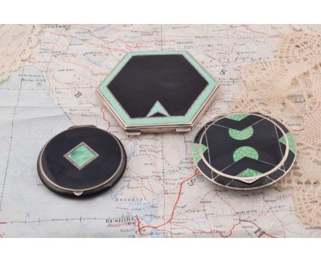 Three art deco black and green enamelled compacts, Three art deco black and green enamelled compacts, circular black example 