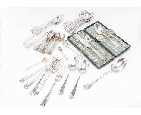 A small collection of silver teaspoons together with silver plated spoons and flatware, also a cased Christening set