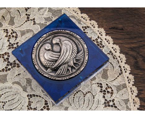A square blue and clear lucite Bird Brook design compact, A square blue and clear lucite Bird Brook design compact, having si
