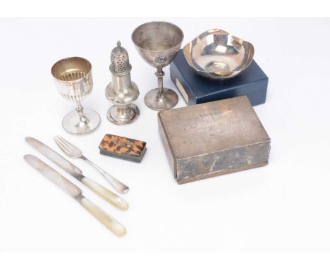 A collection of silver and other items, including a silver presentation bowl in box, a silver filled trophy goblet, a silver 