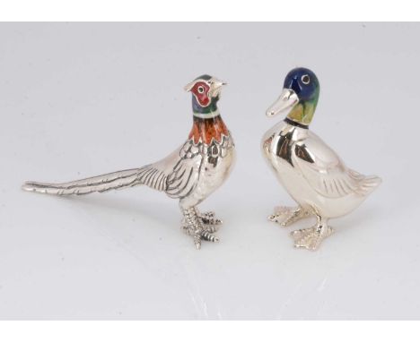 Two modern silver and enamel small birds from Mappin & Webb, probably by Saturno, each hallmarked, a pheasant, 7cm long and a