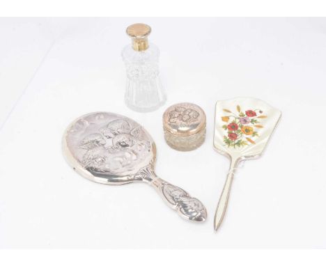Four nice dressing table items, including a pretty enamel and silver hand mirror, another silver hand mirror with embossed ch