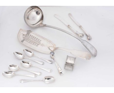 A small collection of silver and silver plate, including a George III silver fish slice, a set of six similar period teaspoon