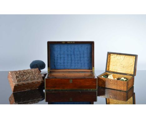Two Victorian wooden boxes and another box and a hatpin cushion and more, the largest a mahogany and brass bound writing slop