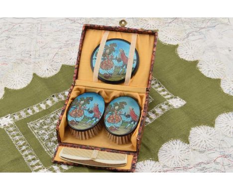 A boxed Gwenda baby grooming set, A boxed Gwenda baby grooming set, all with foil backed courting scene with couple with dog 