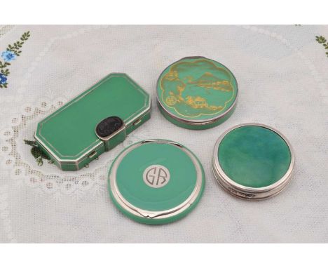 Green enamelled silver art deco compacts, Green enamelled silver art deco compacts, comprising a circular Birmingham 1927 Ber