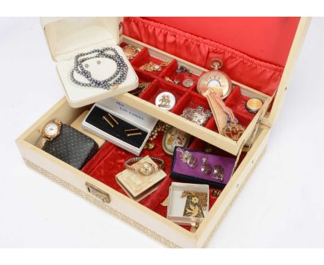 A collection of silver, gilt metal, continental marked gold and costume jewels, including an enamel and silver circular locke