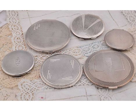 Six circular silver engine turned Art Deco design compacts, Six circular silver engine turned Art Deco design compacts, Birmi