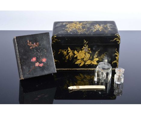 Two Victorian period black lacquer boxes and a collection of Chinese mother of pearl gaming counters, one larger stationary b