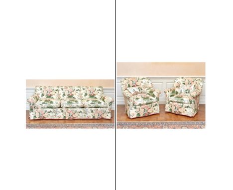 Height of sofa 33 inches (83.9 cm), length 94 1/2 inches (240.1 cm), depth 24 inches (61 cm); Together with a Pair of Upholst