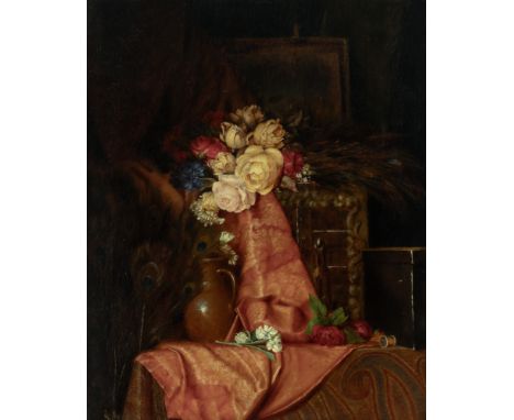 Austrian, 1764-1832Still Life of Flowers, a Ceramic Jug, a Silk Shawl, and Peacock FeathersSigned with initials JM (ll)Oil on