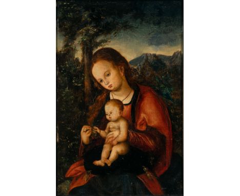 Madonna and Child in a Landscape Oil on panel16 x 10 1/8 inches (40.7 x 25.72 cm)Frame 20 1/8 x 14 3/4 inches (51 x 37.5 cm)P