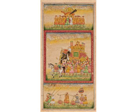 * Indian School. Miniature painting in the Mughal style, 20th century, watercolour on laid paper, heightened with gold, depic