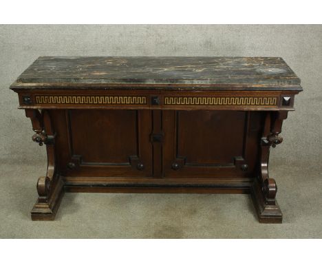 Console table, late 19th century oak and marble Gothic style. H.88 W.146cm. 