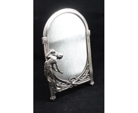 A WMF, Art Nouveau silver plated easel back dressing table mirror, with glass plate within arched frame decorated with a robe