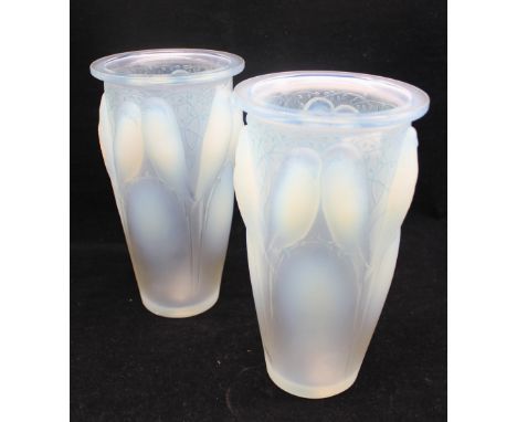 Rene Lalique - a pair of "Perruches" or "Ceylon" opalescent glass vases, decorated with our airs of perruches on branches wit