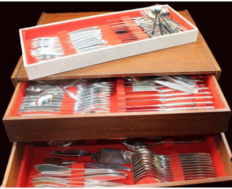 A WMF mid to late 20th century stylish silver plated canteen of cutlery, complete and with extras, various spoons, knives, la
