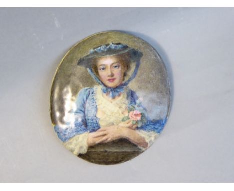 An enamel on copper portrait of a lady holding a bunch of flowers, H 11.4cm W 10cm