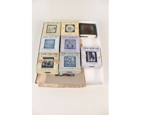Seven boxes of coloured lantern slides, Primus Junior Lecturers series including the British Navy, Our Lifeboat Men, Jack and