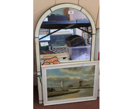 A leaded light mirror plus a broadland scene oil