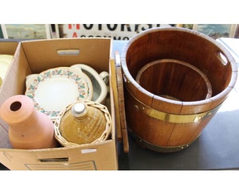 An oak and brass bound planter, log bin plus Norgate & Sons Norwich stoneware flagon and china etc