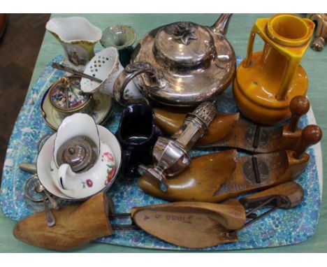 A silver plated teapot, silver rim salts plus china including Noritake, Medina glass vase and shoe trees