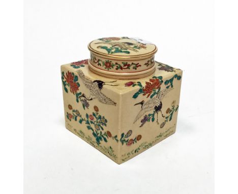 JAPANESE MEIJI PERIOD POTTERY TEA CADDY AND COVER decorated with cranes and chrysanthemums, on a buff ground, 15cm high