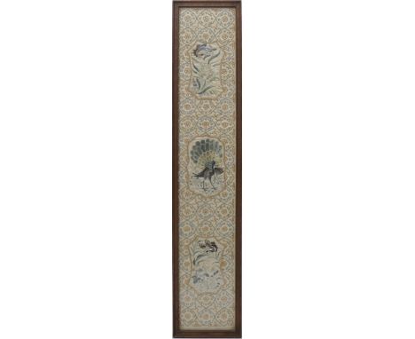 EARLY 19TH CENTURY CHINESE EMBROIDERED SILK PANEL depicting a peacock, butterflies and floral motifs, framed and under glass,