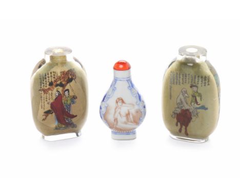 THREE MID 20TH CENTURY CHINESE SNUFF BOTTLEStwo interior painted examples, no stoppers, with figural and script decoration, 8