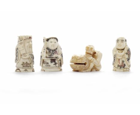 THREE MID 20TH CENTURY JAPANESE BONE NETSUKEmodelled as an elder, a priest and another figure; along with a resin netsuke mod