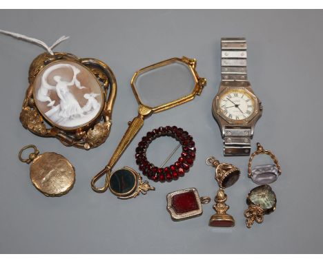 A 9ct gold and bloodstone set spinning fob seal, three other fobs, two lockets, pendant, two brooches including cameo and a l