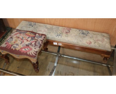 A Victorian mahogany footstool and a fender stool, both with tapestry tops