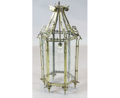 A Victorian brass hexagonal hall lantern, height 31in. diameter 15.5in.