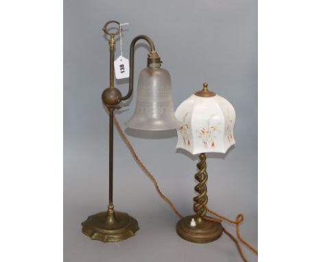 A barley twist stem lamp and another, glass shades tallest 56cm