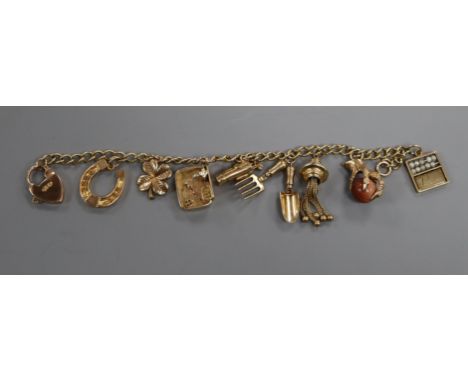 A 9ct gold charm bracelet, hung with nine assorted charms including basin and abacus.