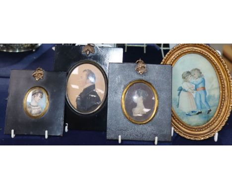 A 19th century miniature profile portrait of a gentleman, two portraits of ladies and a watercolour study of two children