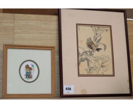 Jane Pinkney, watercolour, Mice with balloons, signed, 8 x 7cm, and a Japanese woodblock print