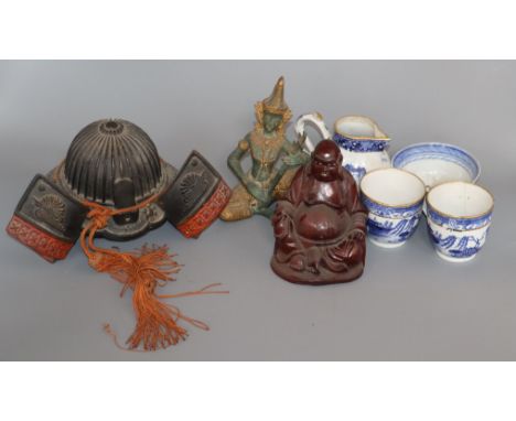 A bronze model of a Kabuto, a Thai bronze, a carved wood Buddha and 4 pieces of blue and white ceramic