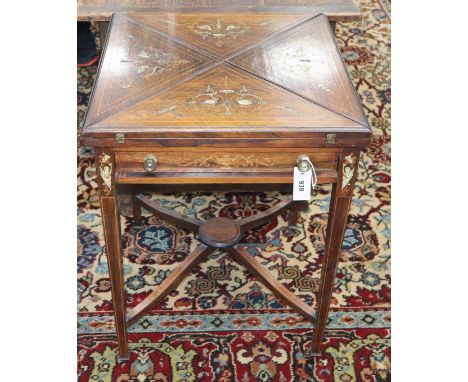 An Edwardian inlaid rosewood envelope folding card table W.54cm
