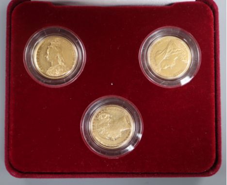 A Victoria portrait collection three gold sovereign set, 1881, 1891 and 1894 VF or better, cased